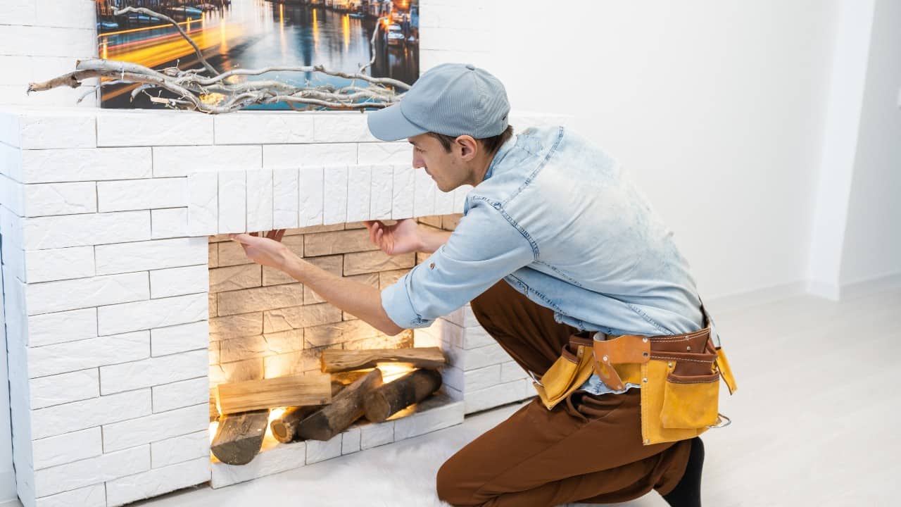 Technician repairing a fireplace in a home